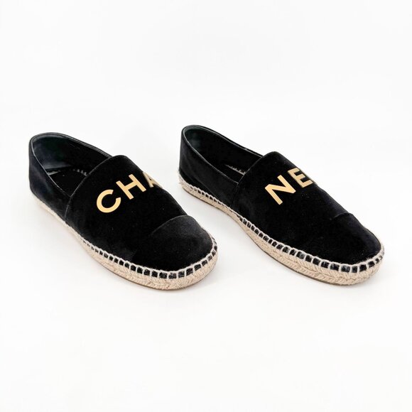 Chanel Logo Espadrilles EU 37 US 6-6.5 Black Velvet Rope Sole Slip On Flat Shoe - Picture 1 of 14